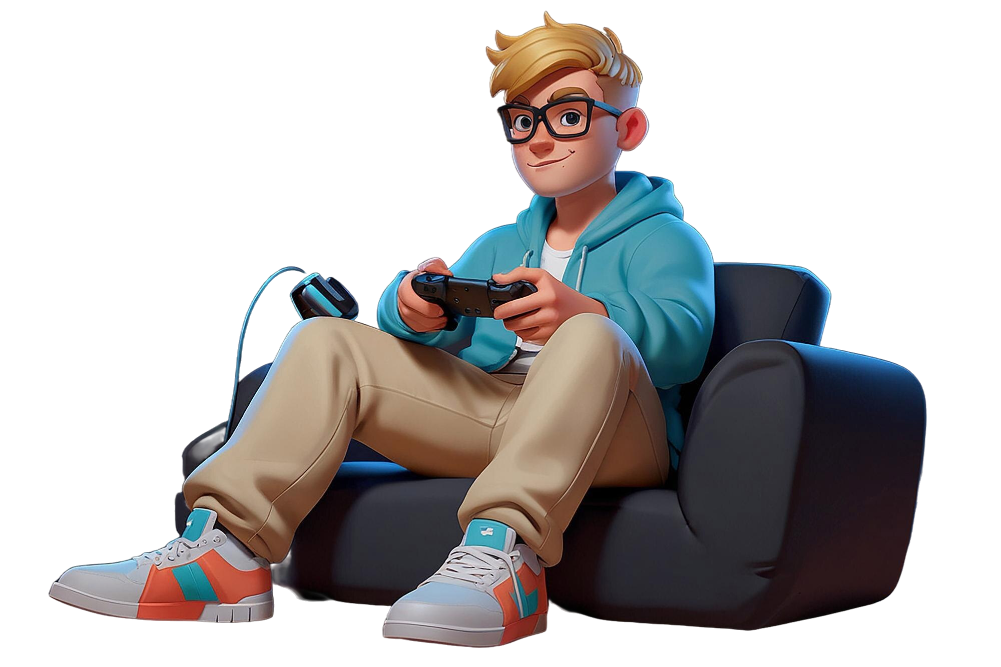 3d white people is sitting couch with gamepads his hands plays computer games
